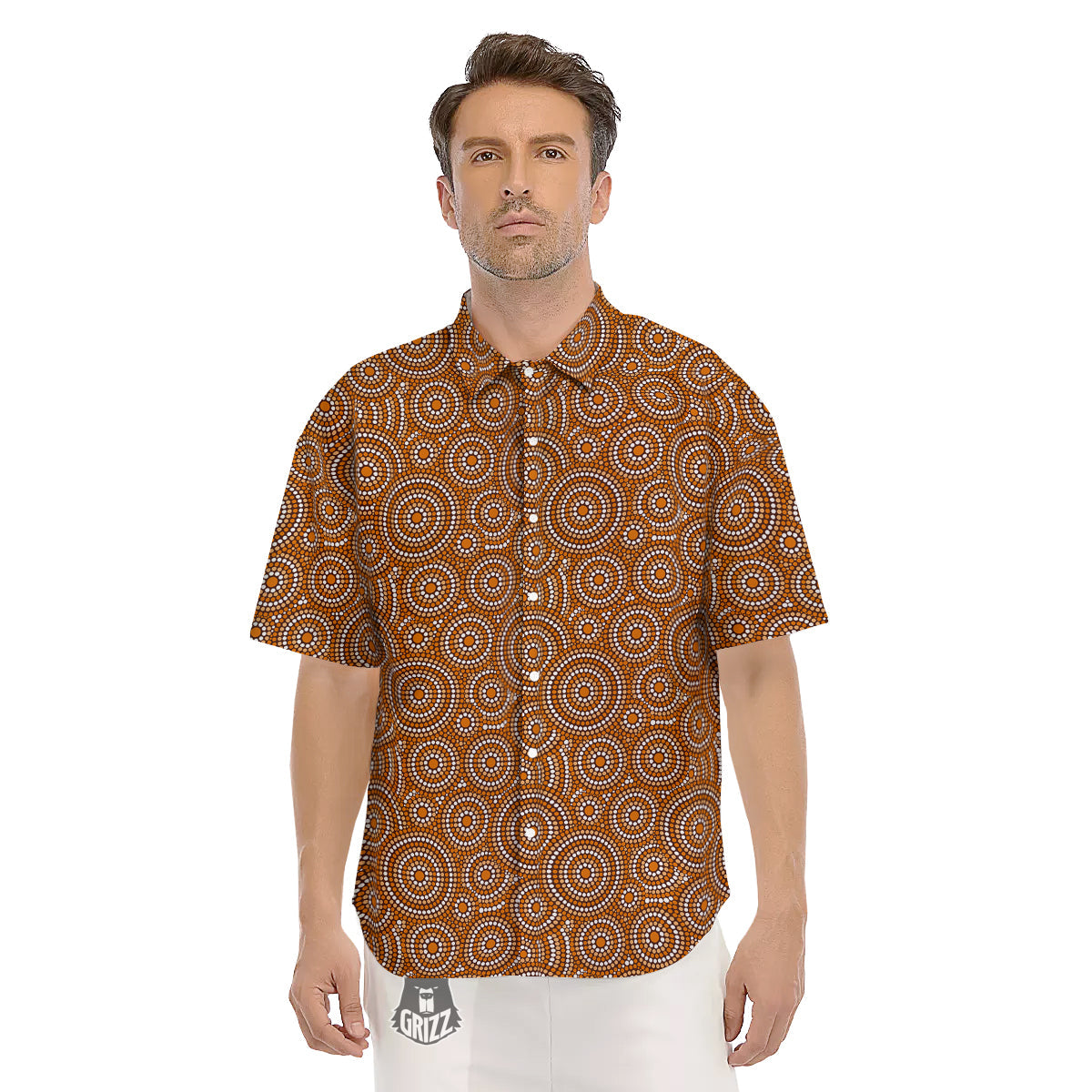 Short Sleeve Button-Up Shirt – with Aboriginal Art Print -Emily Mbitjana main image 1