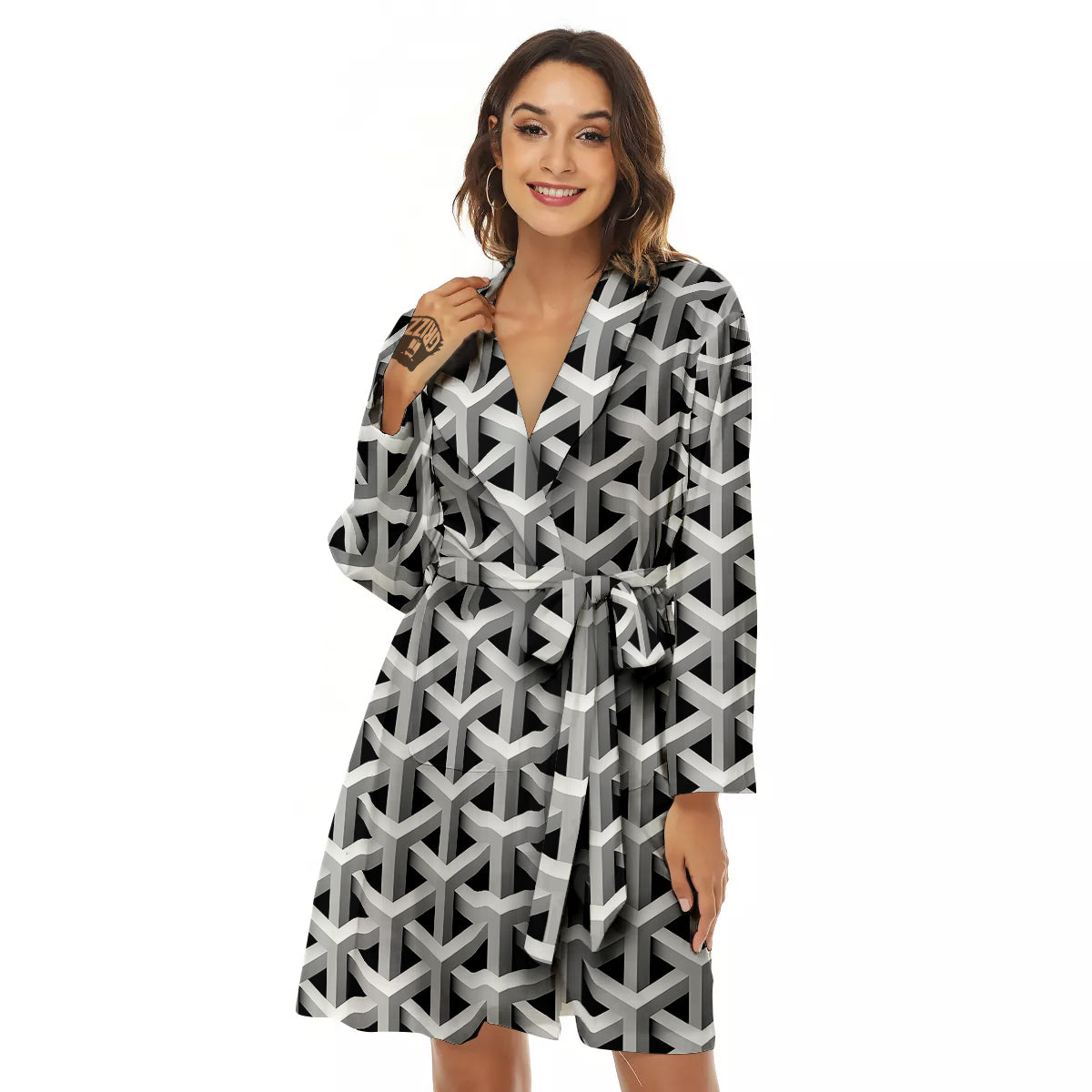 Industrial Raster 3D Print Pattern Women's Robe-grizzshop