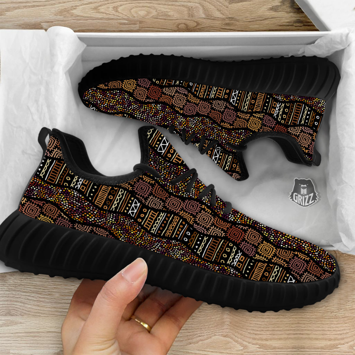 Inspired African Afro Print Pattern Black Walking Shoes-grizzshop
