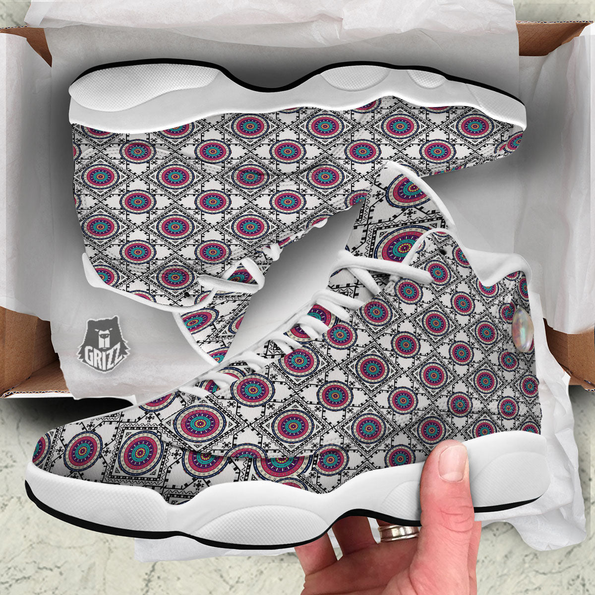 Inspired Native Indian Print Pattern White Basketball Shoes-grizzshop