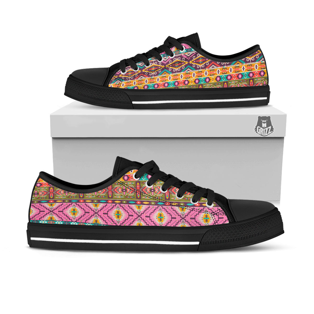 Inspired Native Print Pattern Black Low Top Shoes-grizzshop
