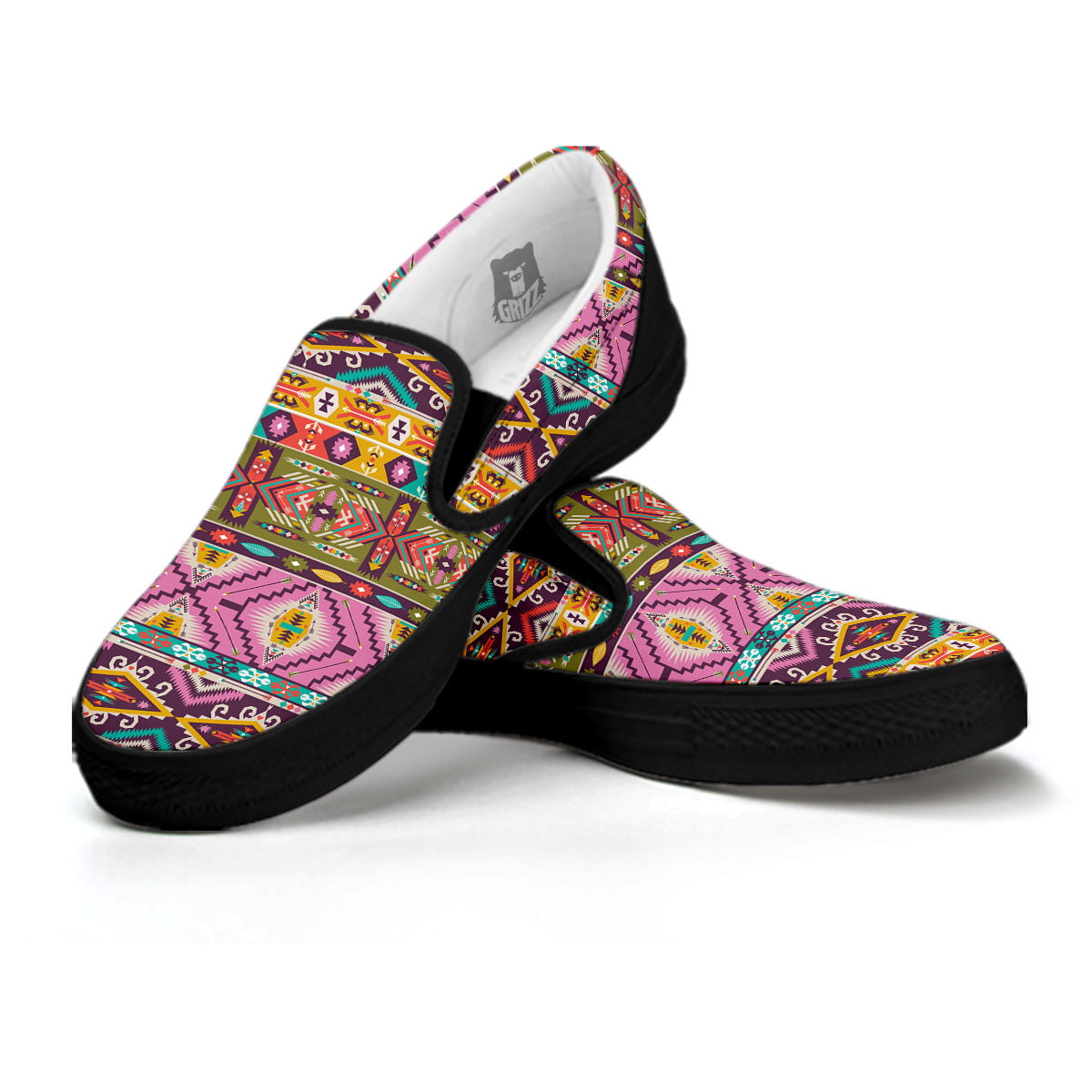 Inspired Native Print Pattern Black Slip On Shoes-grizzshop