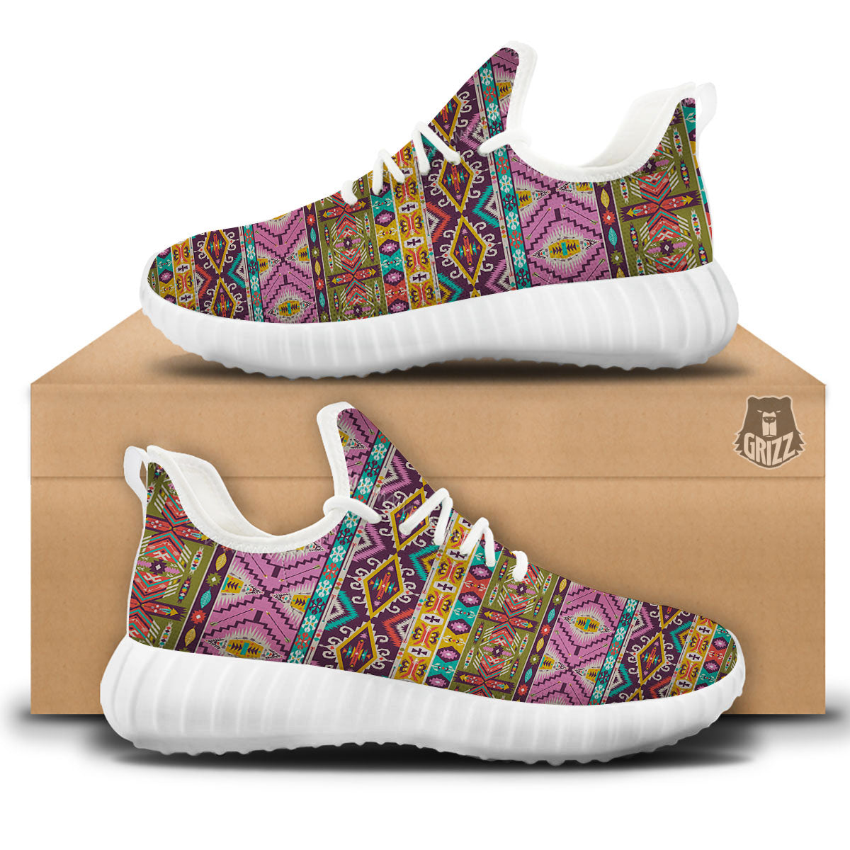Inspired Native Print Pattern White Walking Shoes-grizzshop
