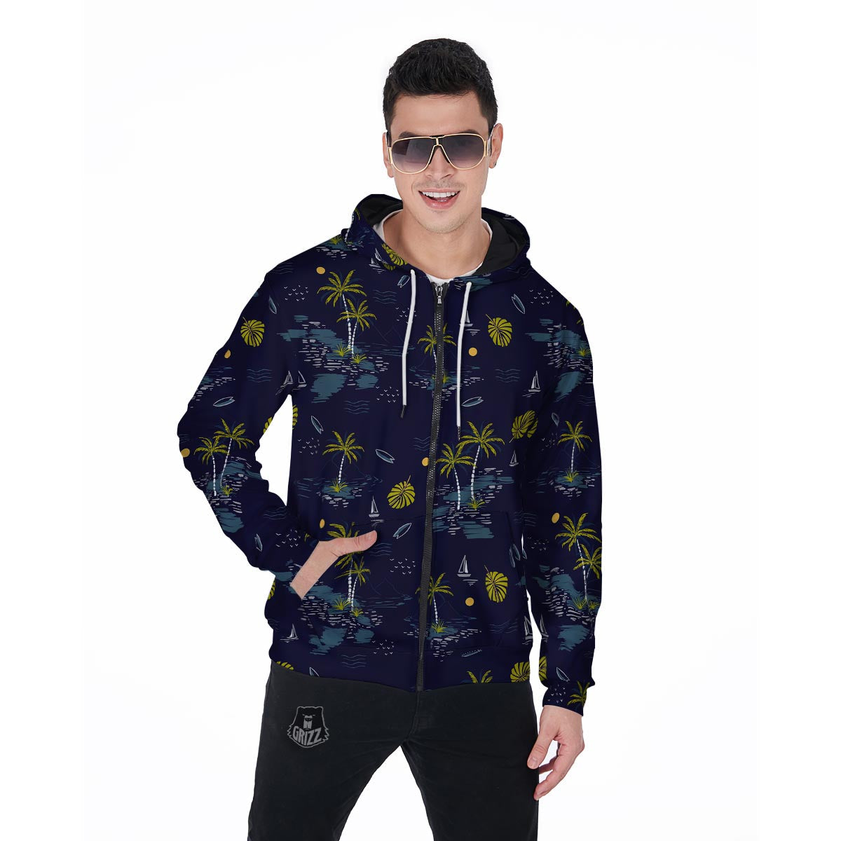Island Palm Tree Hawaiian Print Men's Zip Up Hoodie-grizzshop