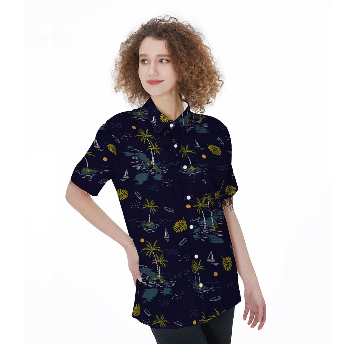 Island Palm Tree Hawaiian Print Women's Short Sleeve Shirts-grizzshop