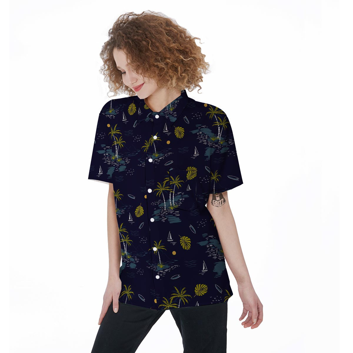 Island Palm Tree Hawaiian Print Women's Short Sleeve Shirts-grizzshop