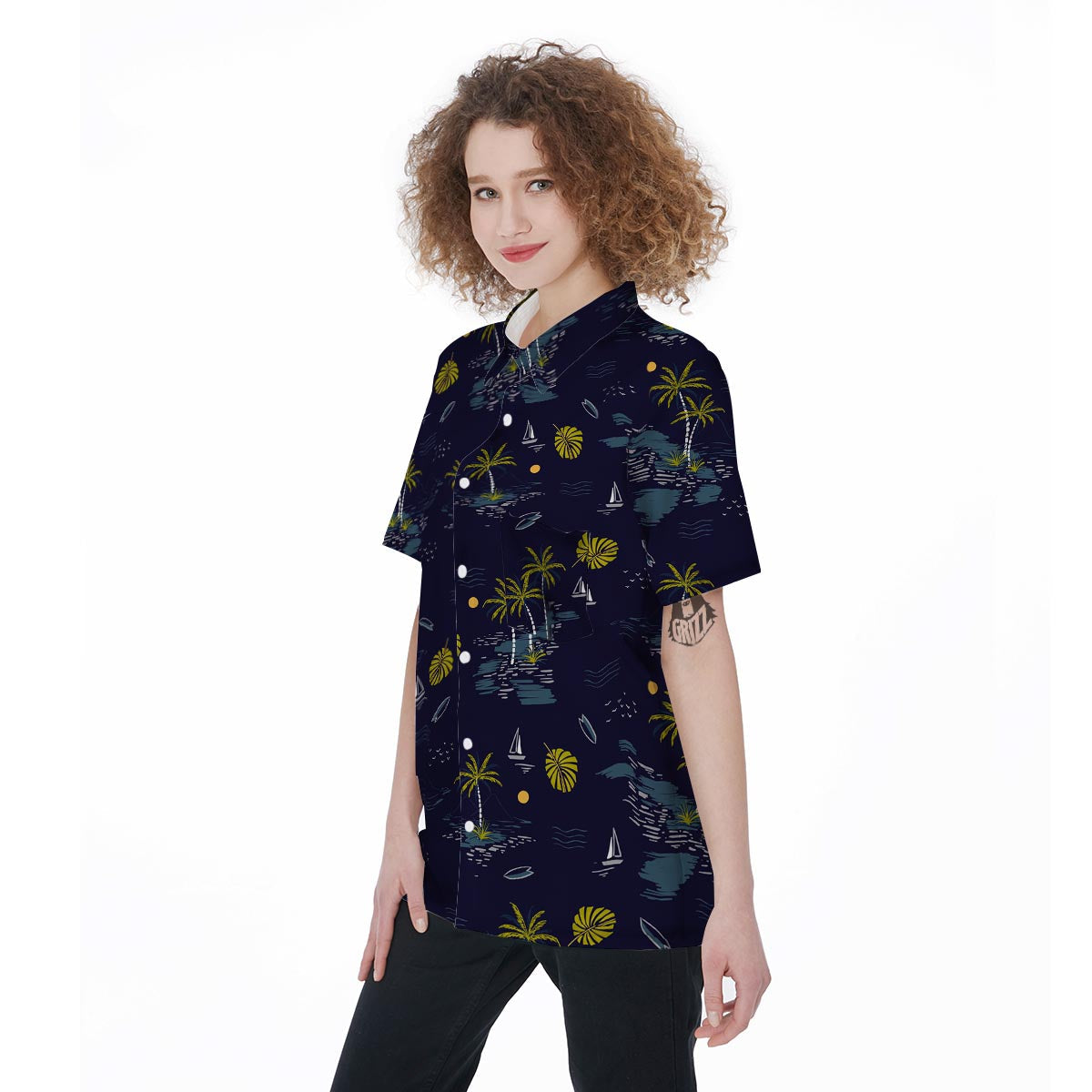 Island Palm Tree Hawaiian Print Women's Short Sleeve Shirts-grizzshop