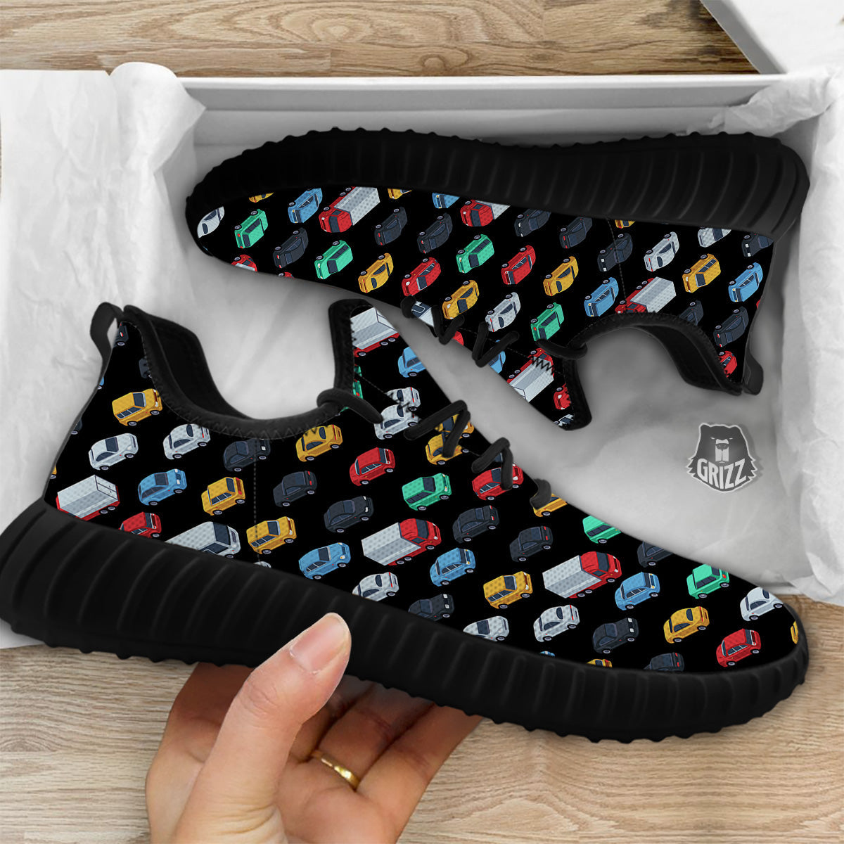 Isometric Cars Colorful Print Pattern Black Walking Shoes-grizzshop