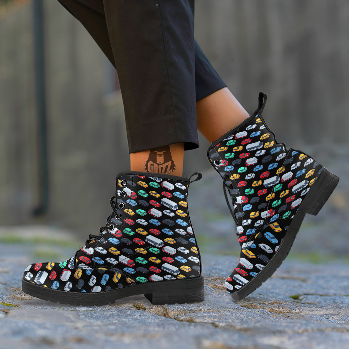 Isometric Cars Colorful Print Pattern Leather Boots-grizzshop