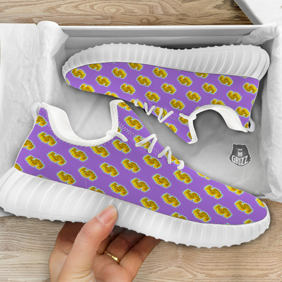 Isometric Gold Dollar Print Pattern White Walking Shoes-grizzshop