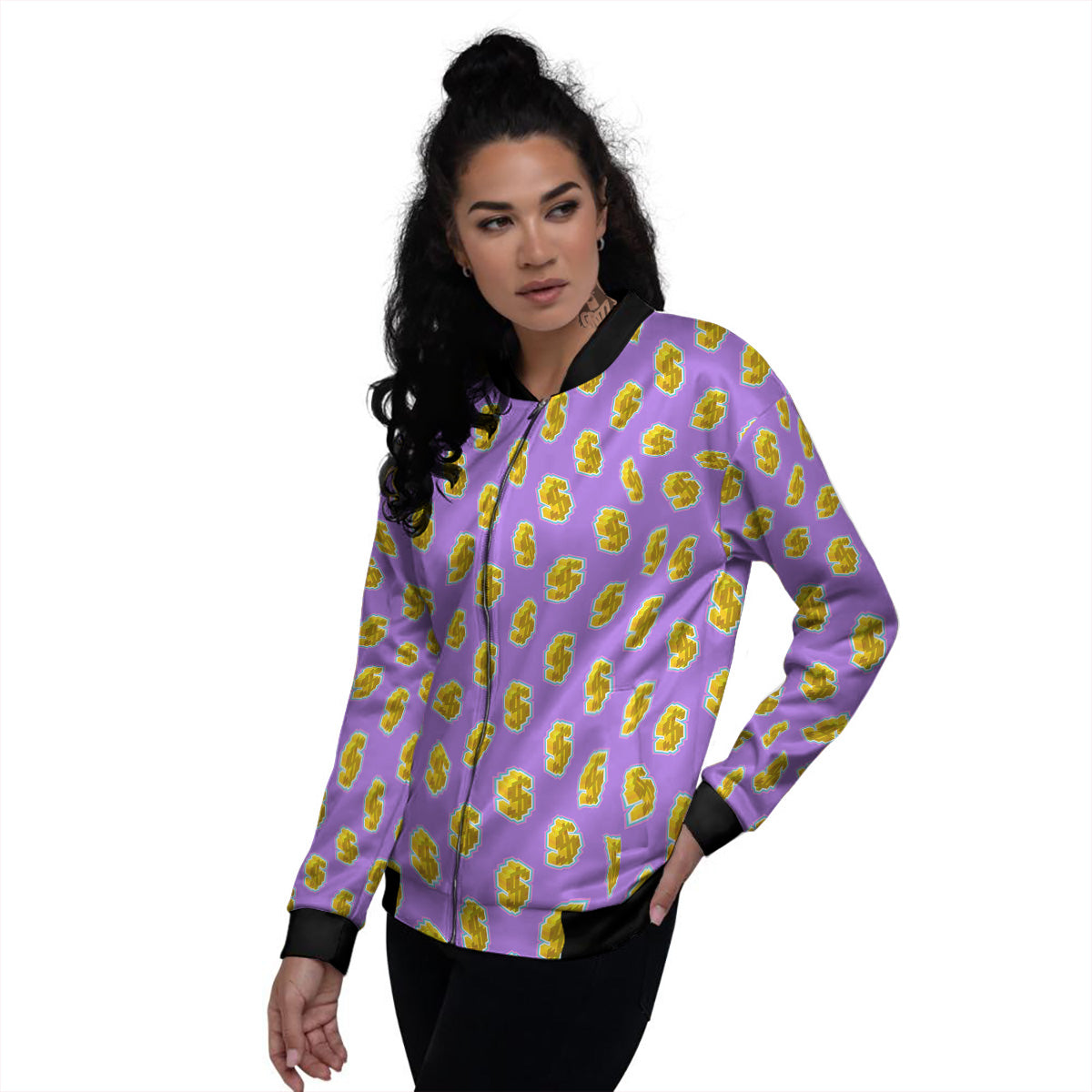 Isometric Gold Dollar Print Pattern Women's Bomber Jacket-grizzshop