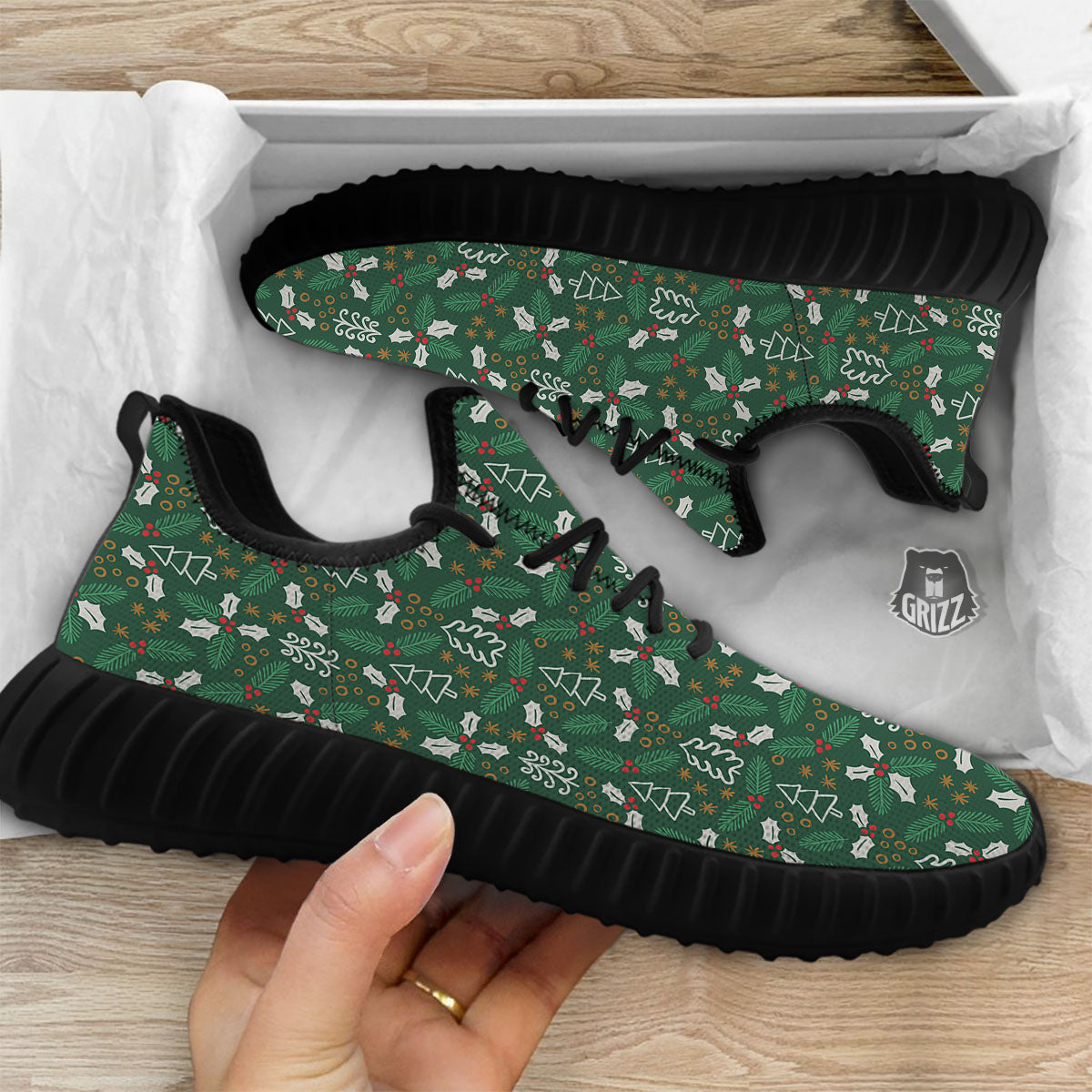 Ivy Leaf Christmas Print Pattern Black Walking Shoes-grizzshop