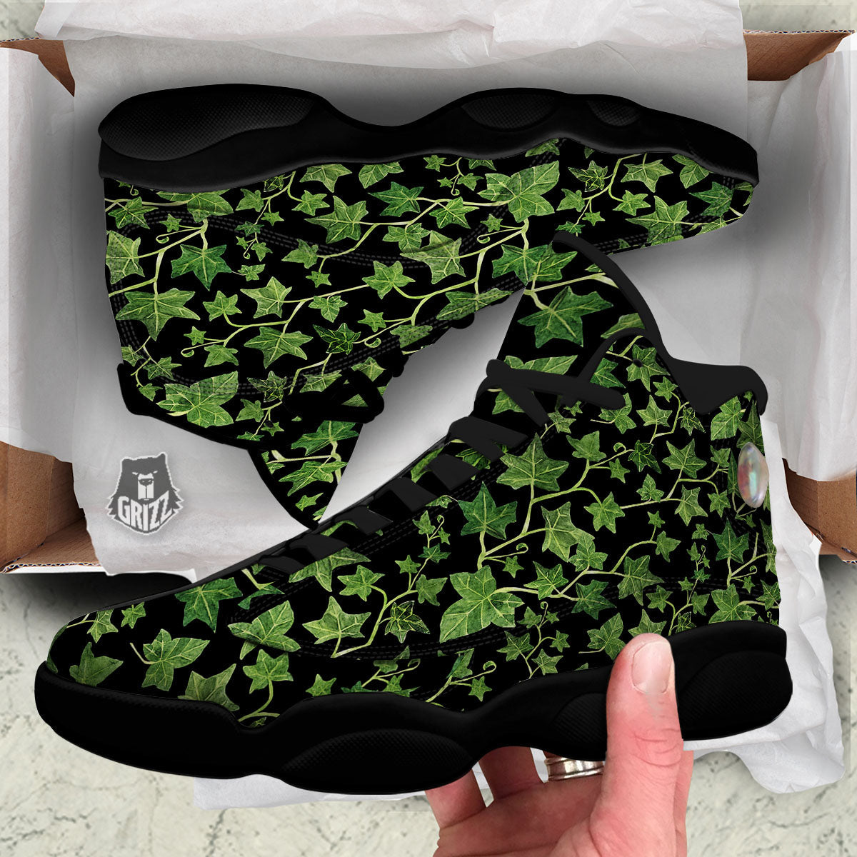 Ivy Leaf Green Print Black Basketball Shoes-grizzshop