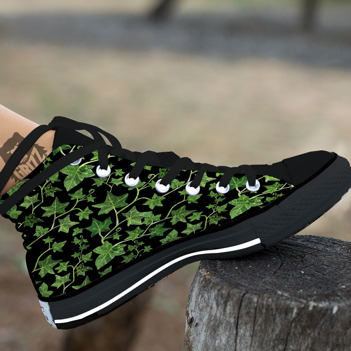 Ivy Leaf Green Print Black High Top Shoes-grizzshop