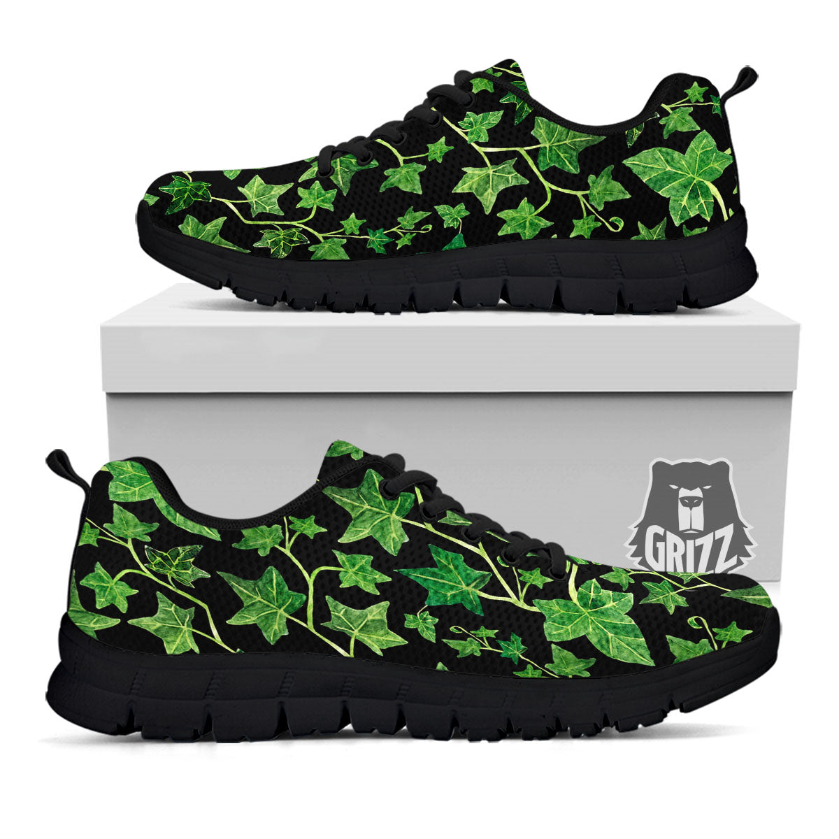 Ivy Leaf Green Print Black Sneaker-grizzshop