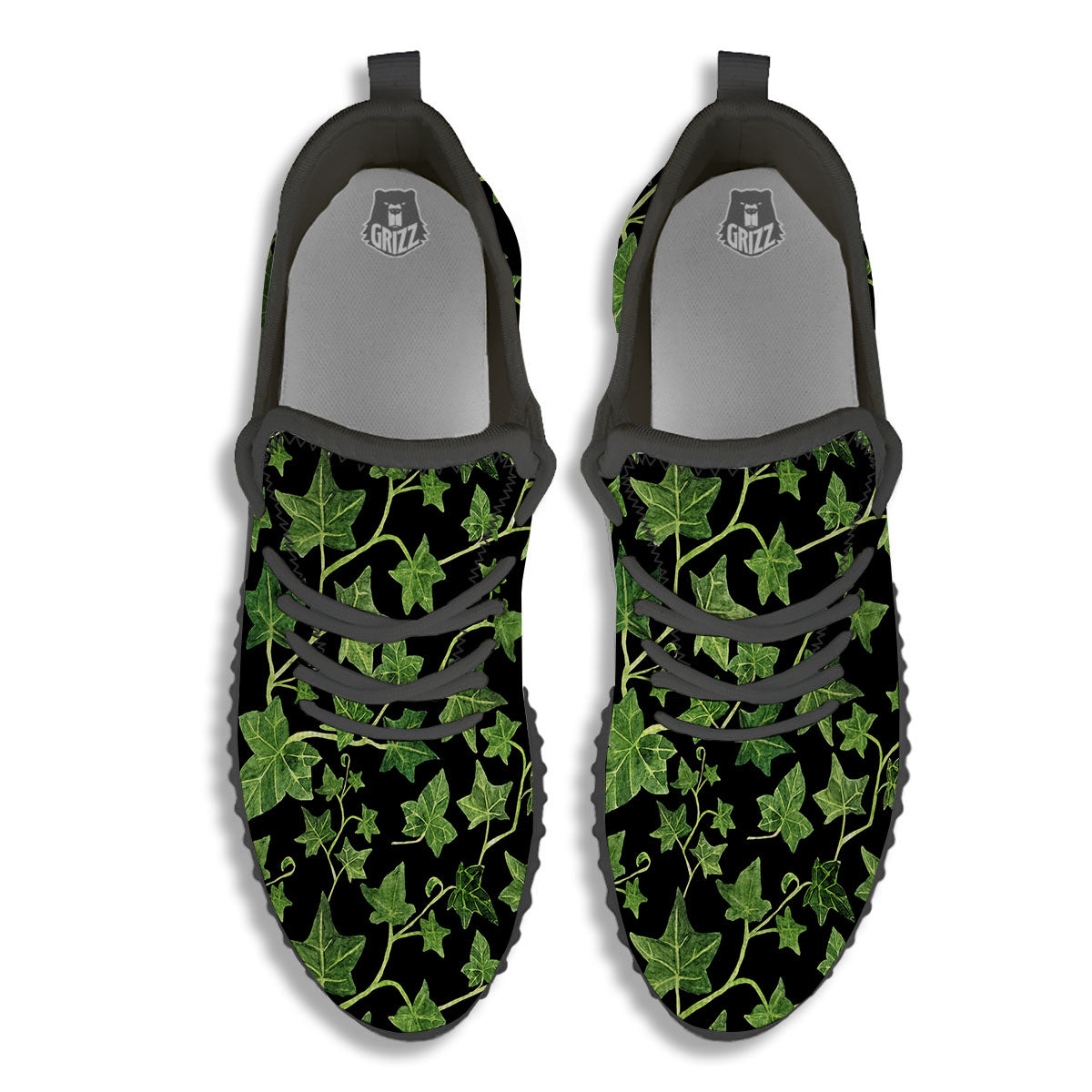 Ivy Leaf Green Print Black Walking Shoes-grizzshop