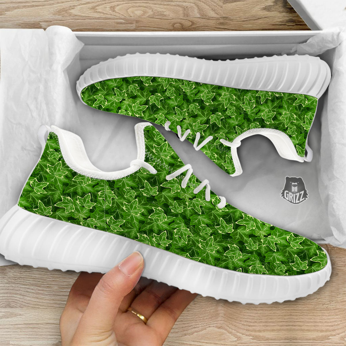 Ivy Leaf Green Print Pattern White Walking Shoes-grizzshop