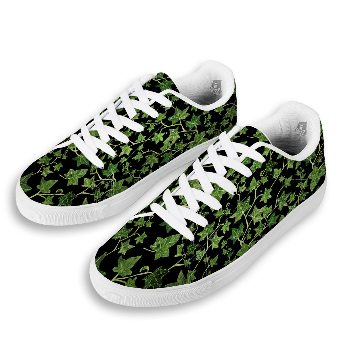 Ivy Leaf Green Print White Low Top Sneakers-grizzshop