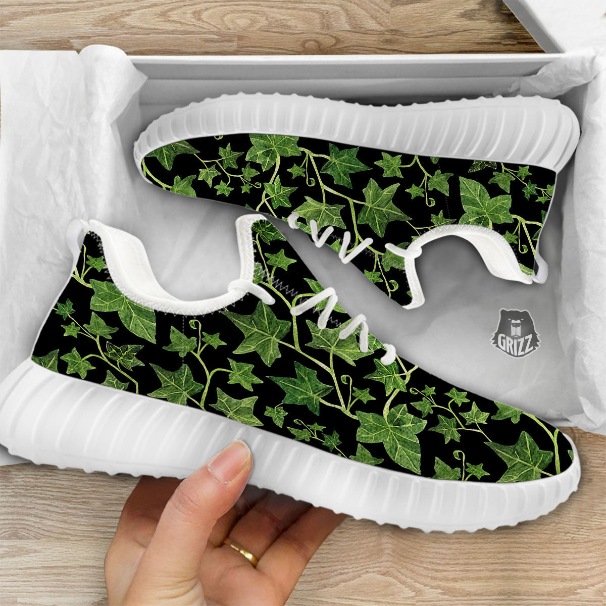 Ivy Leaf Green Print White Walking Shoes-grizzshop