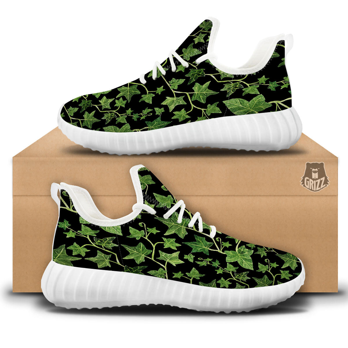 Ivy Leaf Green Print White Walking Shoes-grizzshop