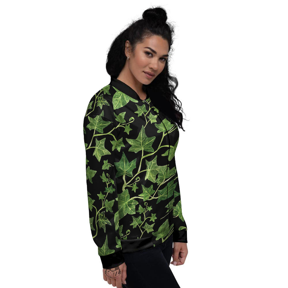 Ivy Leaf Green Print Women's Bomber Jacket-grizzshop
