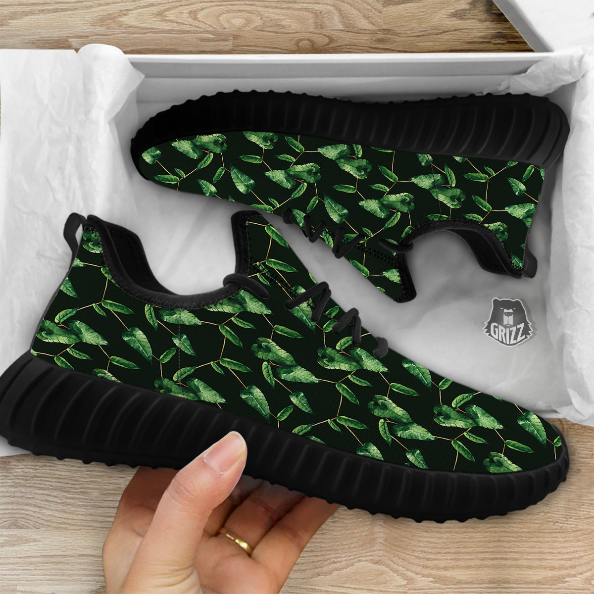 Ivy Leaf Watercolor Print Pattern Black Walking Shoes-grizzshop