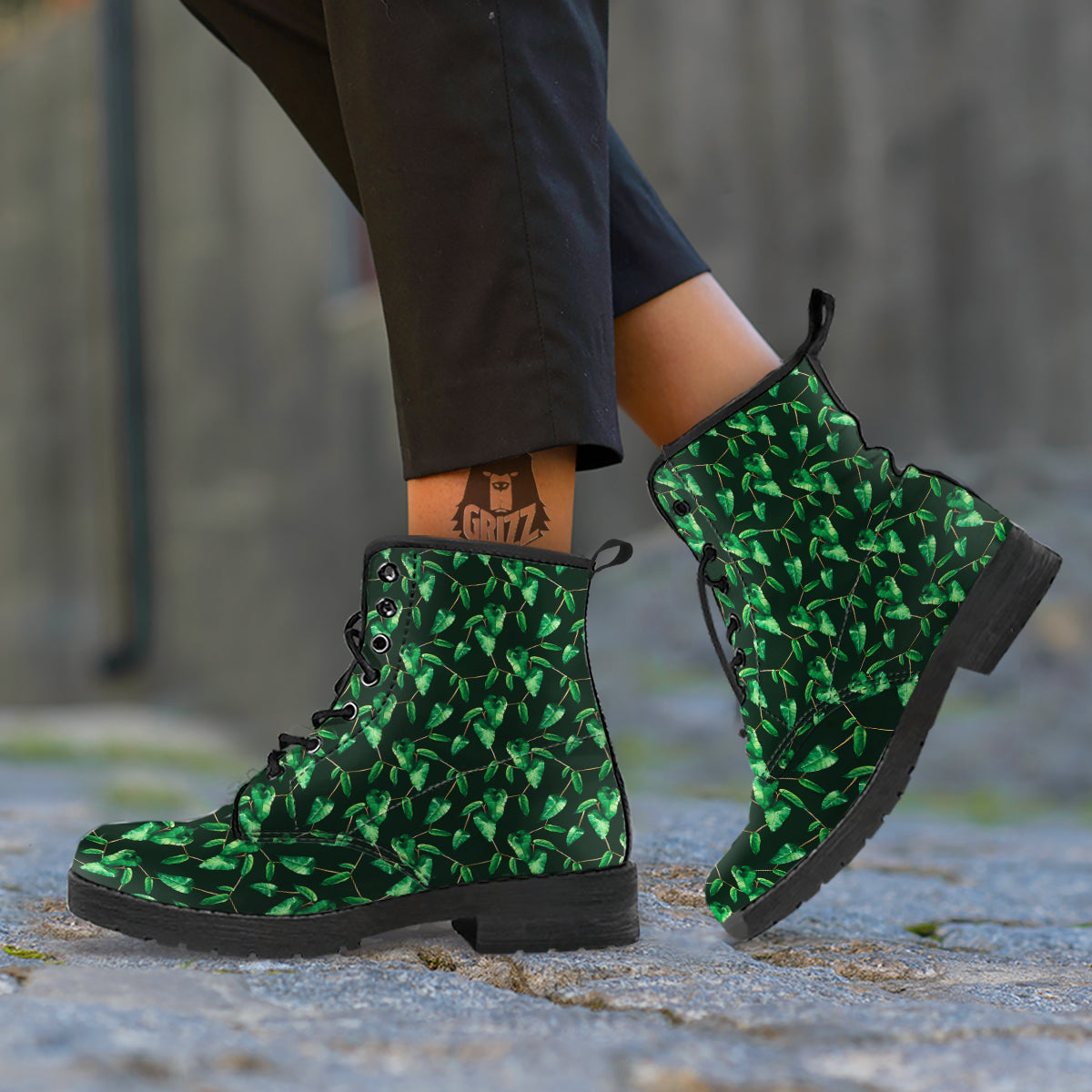 Ivy Leaf Watercolor Print Pattern Leather Boots-grizzshop