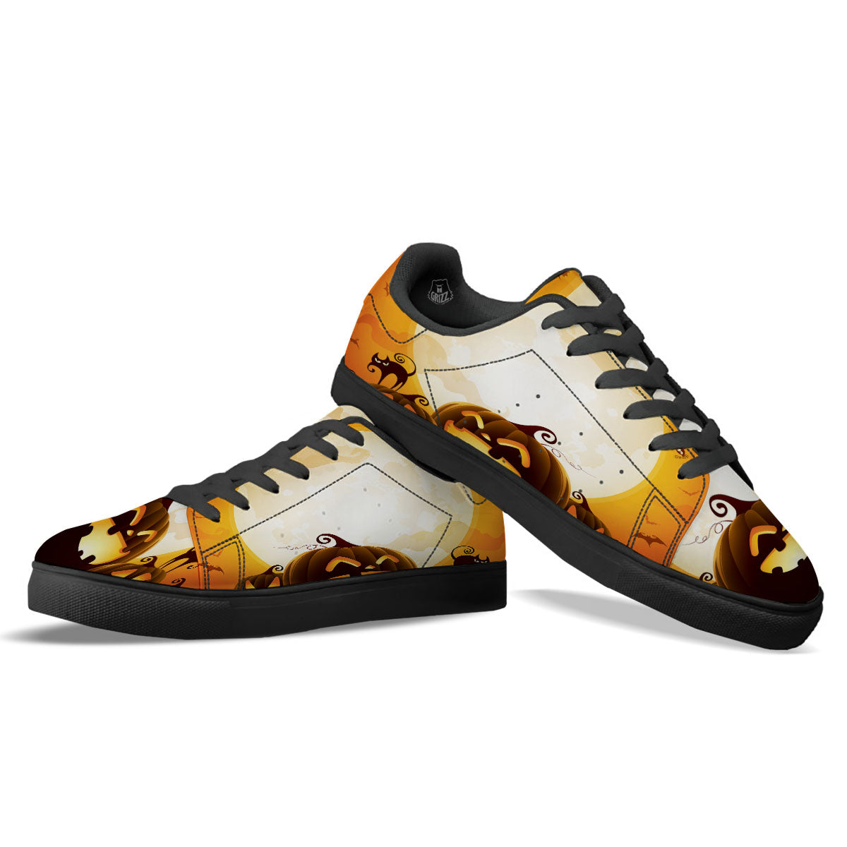 Jack-O'-Lantern Pumpkin Halloween Print Black Low Top Sneakers-grizzshop