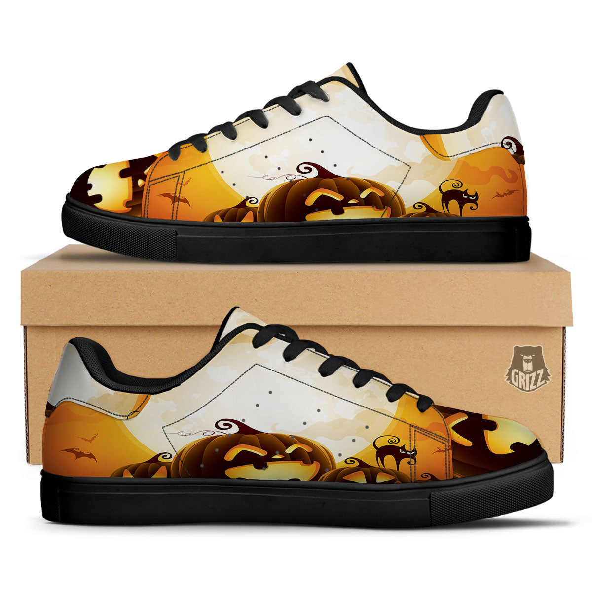 Jack-O'-Lantern Pumpkin Halloween Print Black Low Top Sneakers-grizzshop