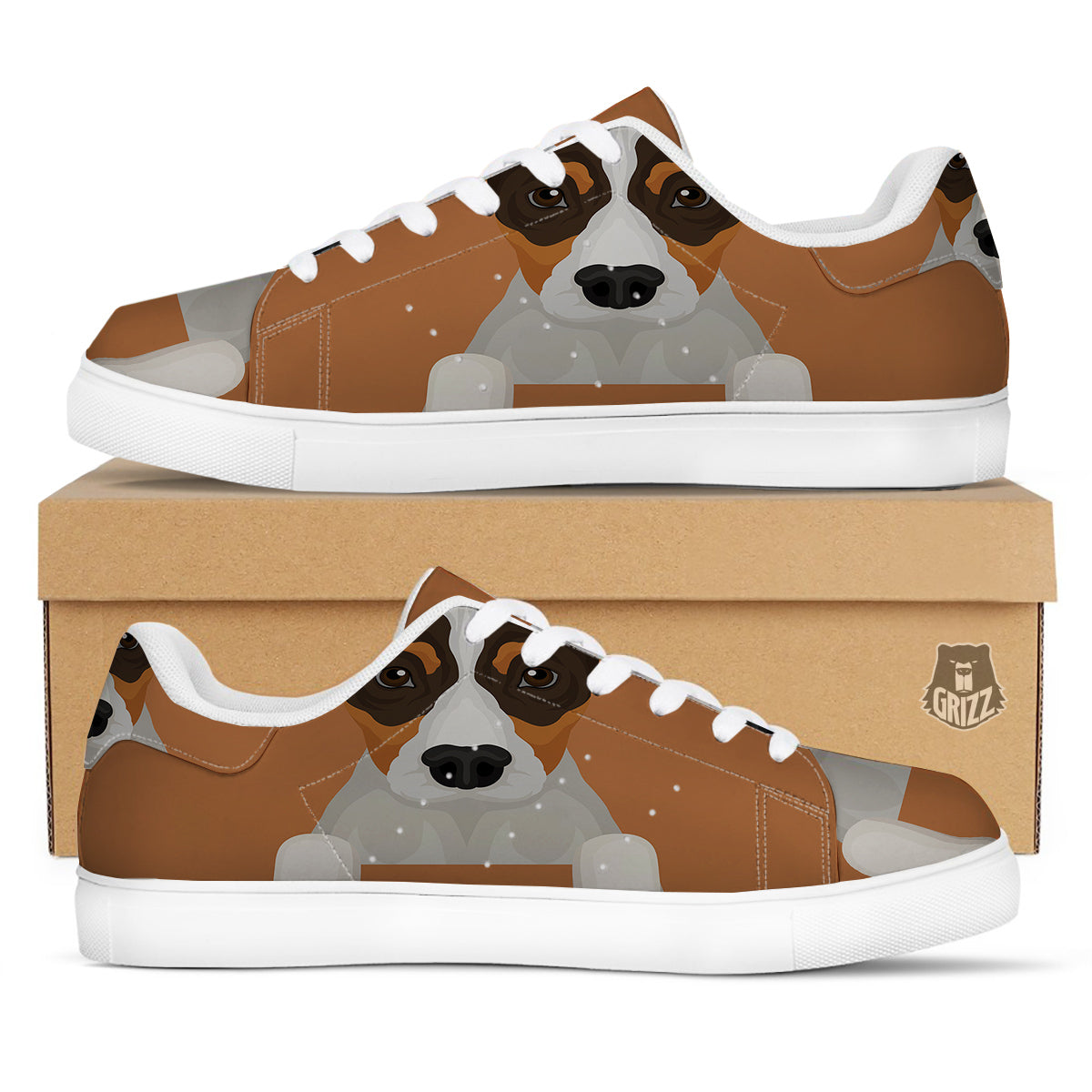 Jack Russell Terrier Cartoon Print White Low Top Sneakers-grizzshop