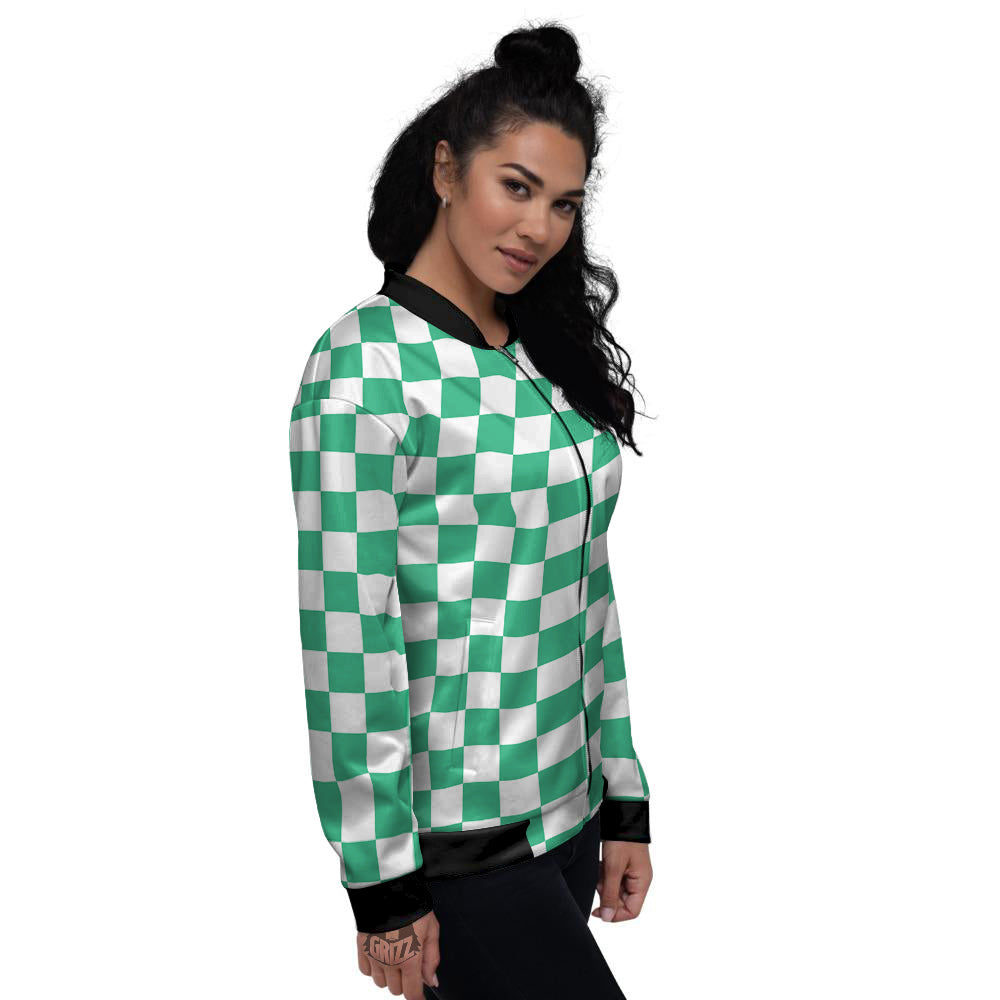 Jade Checkered Flag Print Women's Bomber Jacket-grizzshop
