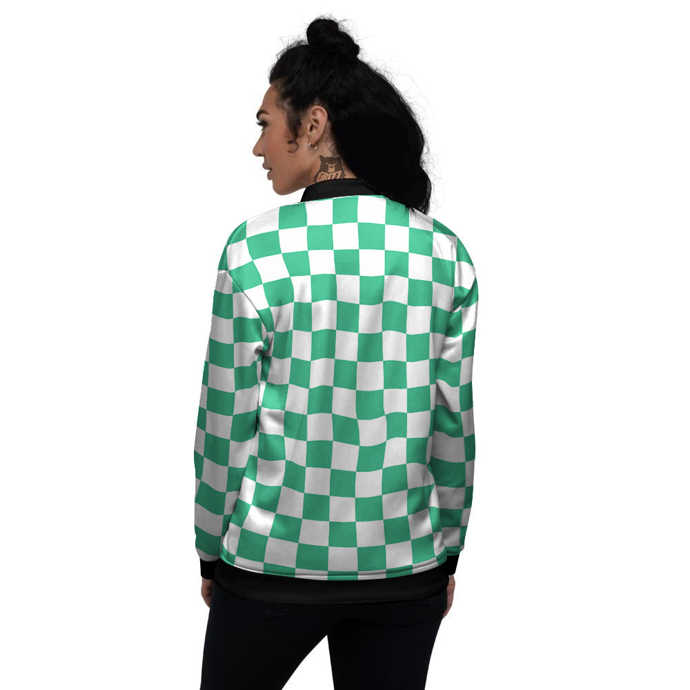 Jade Checkered Flag Print Women's Bomber Jacket-grizzshop