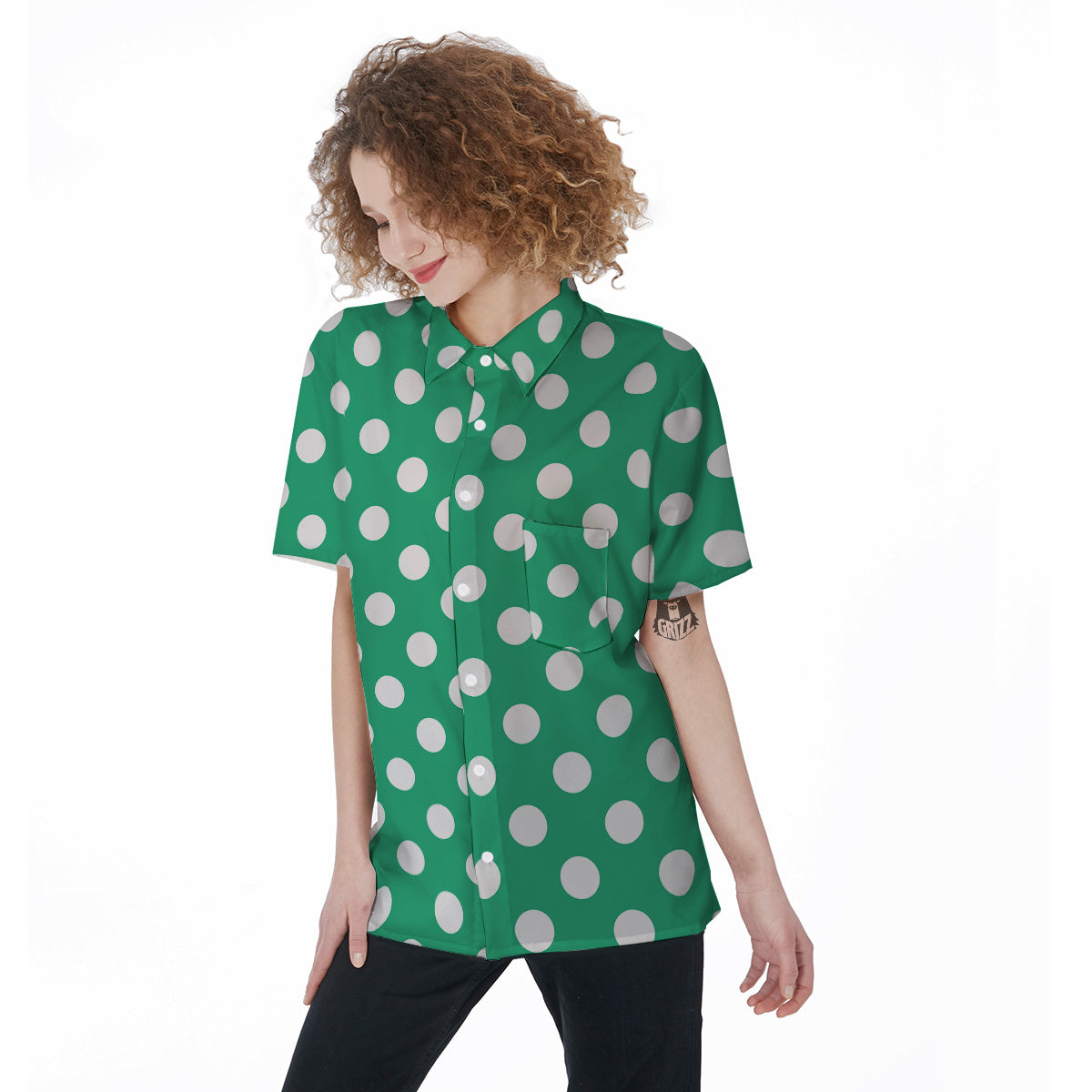 Jade Color Polka Dot Print Pattern Women's Short Sleeve Shirts-grizzshop