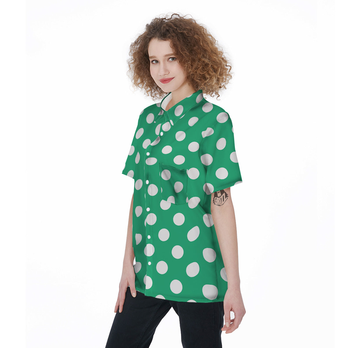 Jade Color Polka Dot Print Pattern Women's Short Sleeve Shirts-grizzshop