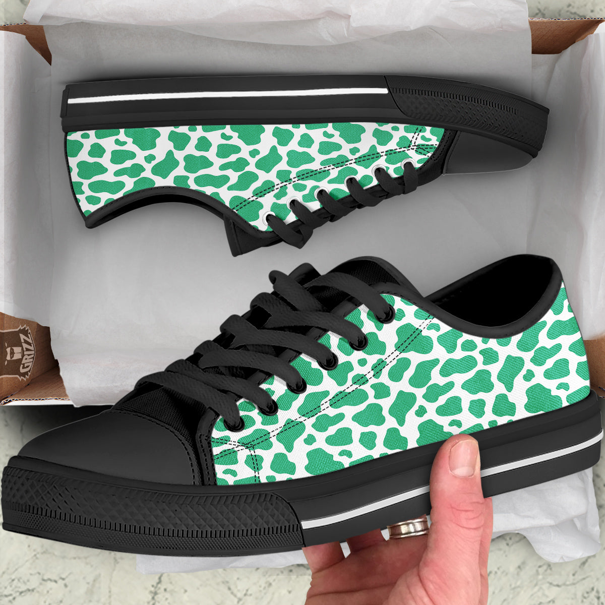 Jade Cow Print Pattern Black Low Top Shoes-grizzshop