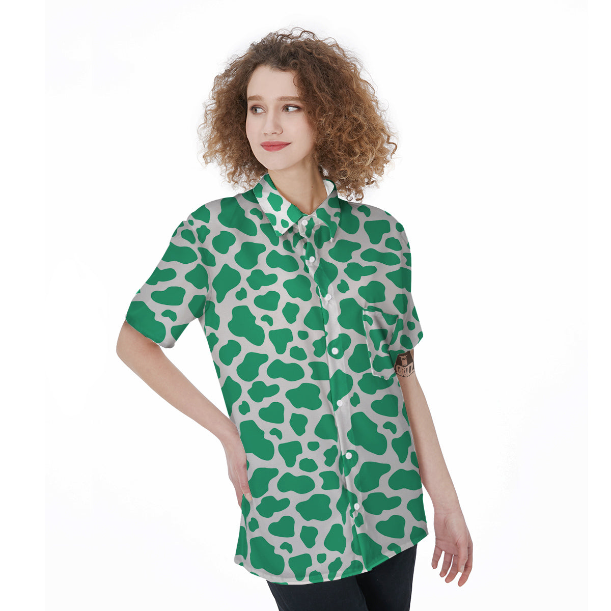 Jade Cow Print Pattern Women's Short Sleeve Shirts-grizzshop