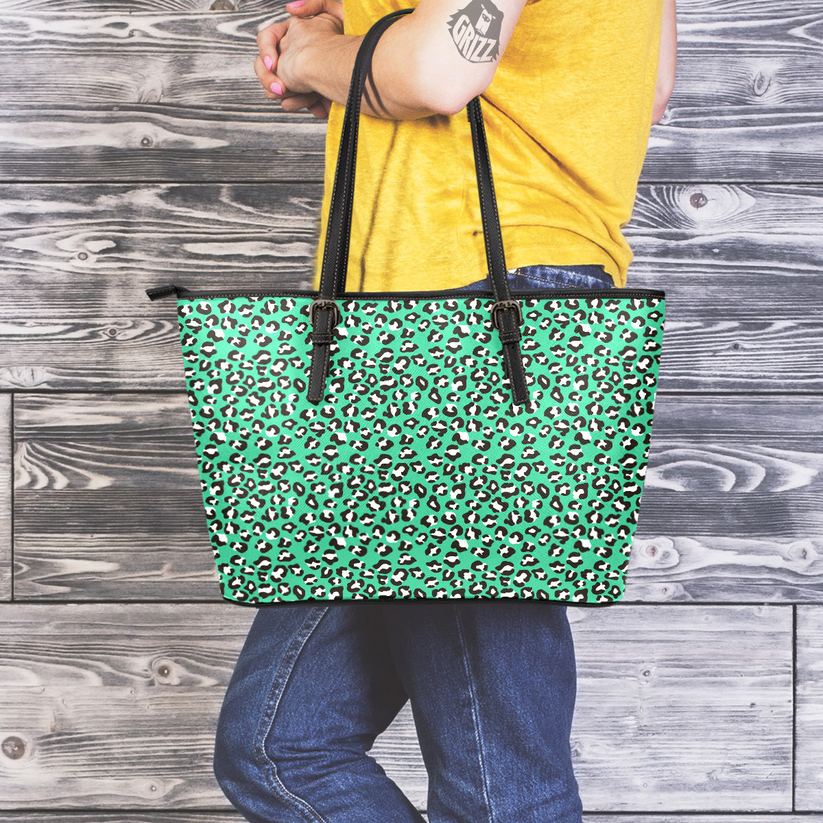 Jade Leopard Print Pattern Leather Tote Bag-grizzshop
