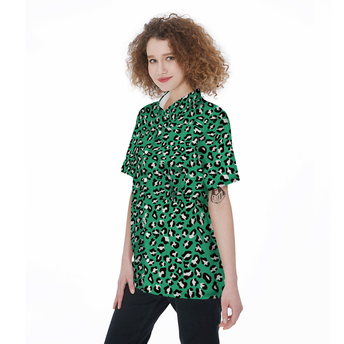 Jade Leopard Print Pattern Women's Short Sleeve Shirts-grizzshop