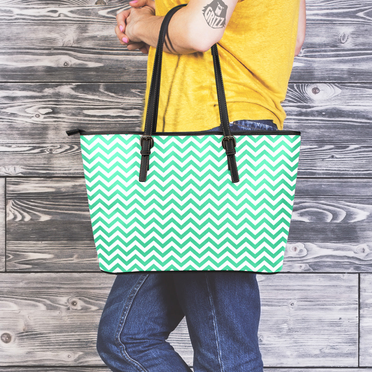 Jade Zigzag Print Pattern Leather Tote Bag-grizzshop