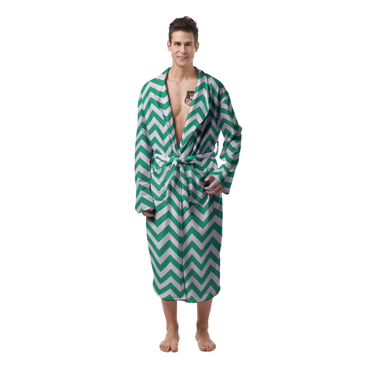 Jade Zigzag Print Pattern Men's Robe-grizzshop