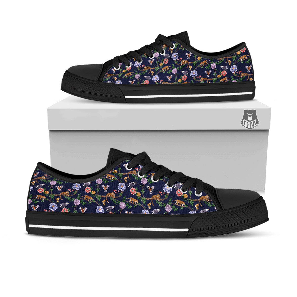 Jaguar And Eagle Print Pattern Black Low Top Shoes-grizzshop