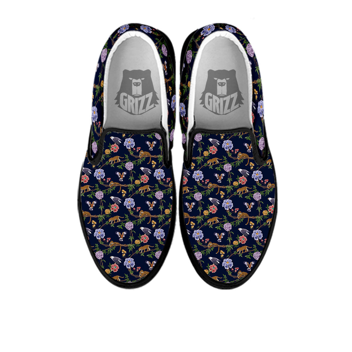 Jaguar And Eagle Print Pattern Black Slip On Shoes-grizzshop