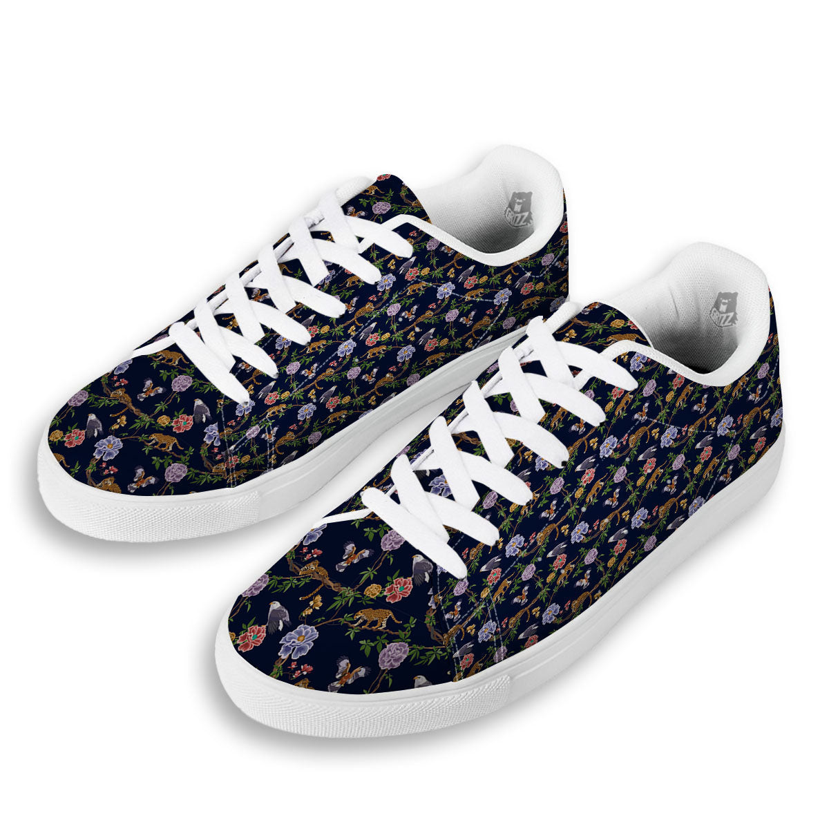 Jaguar And Eagle Print Pattern White Low Top Sneakers-grizzshop