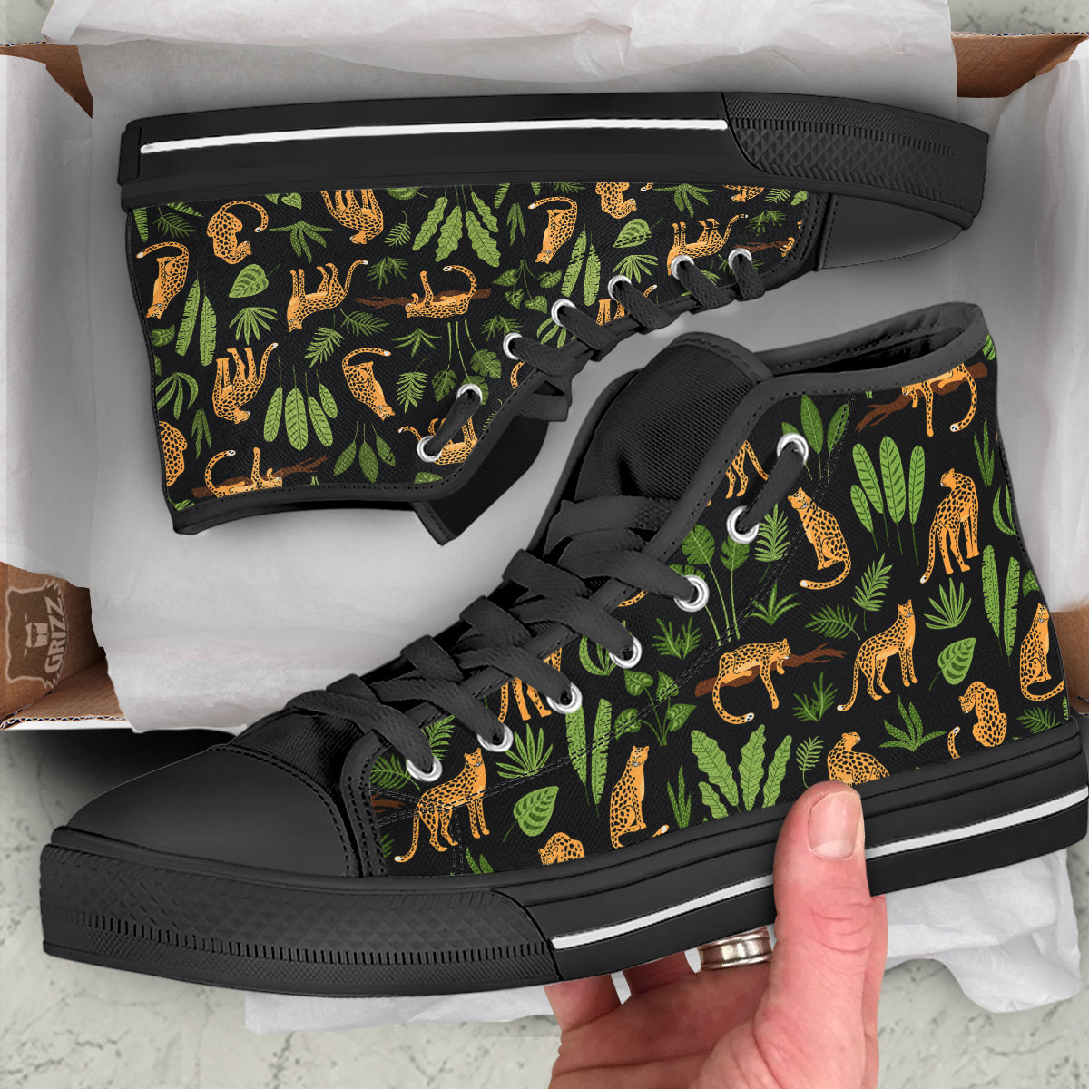 Jaguar Tropical Print Pattern Black High Top Shoes-grizzshop