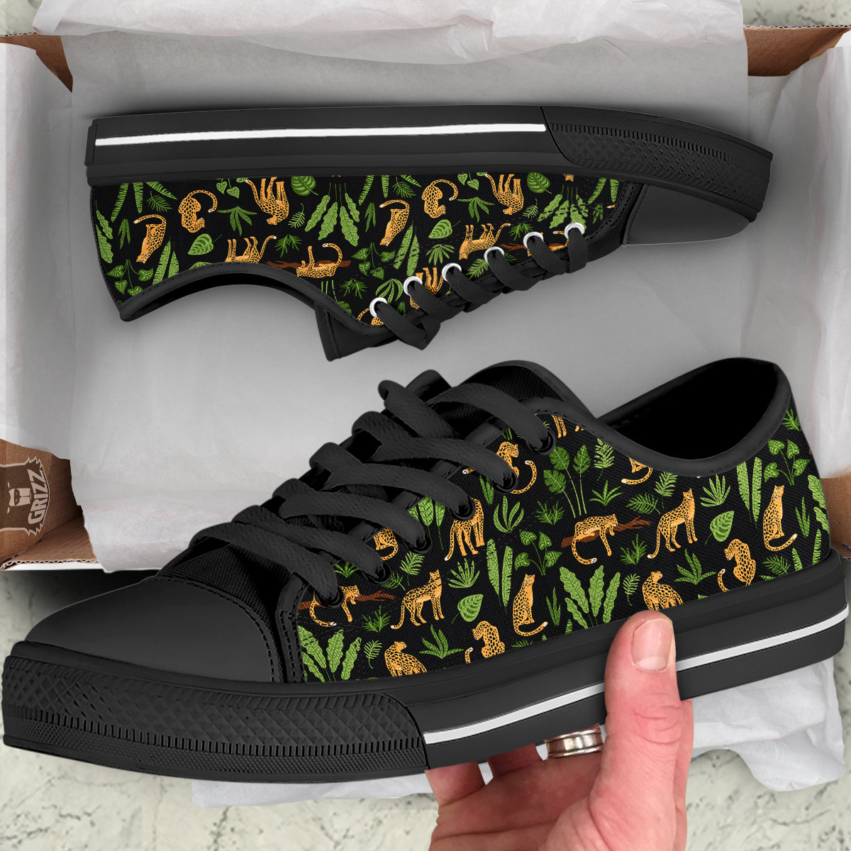 Jaguar Tropical Print Pattern Black Low Top Shoes-grizzshop