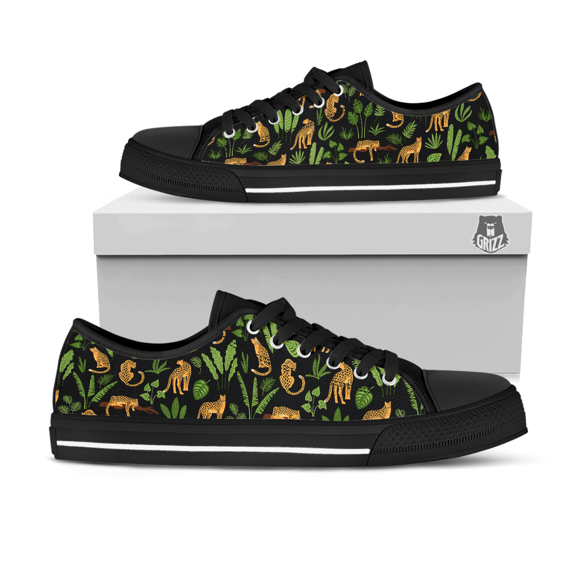 Jaguar Tropical Print Pattern Black Low Top Shoes-grizzshop