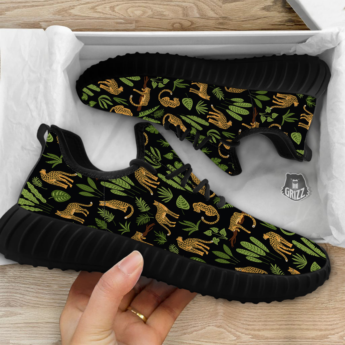 Jaguar Tropical Print Pattern Black Walking Shoes-grizzshop