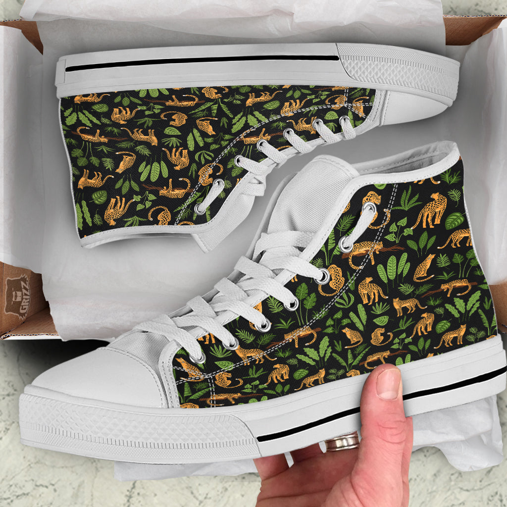 Jaguar Tropical Print Pattern White High Top Shoes-grizzshop
