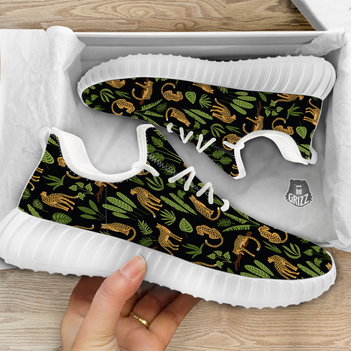 Jaguar Tropical Print Pattern White Walking Shoes-grizzshop
