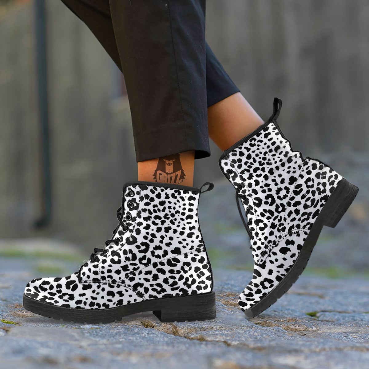 Jaguar White And Black Print Pattern Leather Boots-grizzshop